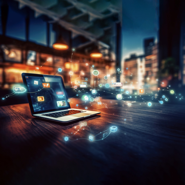 Social advertising visualisation on a laptop with city skyline in the background