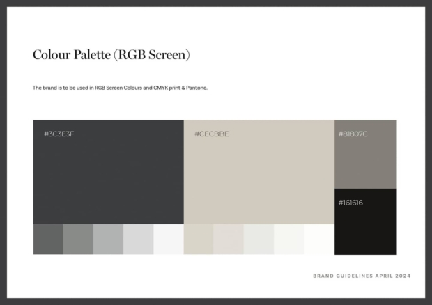 Randle White brand guidelines page titled 'Colour Palette (RGB Screen)', showing four core colours with hex codes #3C3E3F (dark grey), #CECBBE (beige), #81807C (taupe), and #161616 (near-black), each with lighter tint variations below.