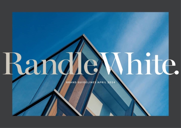 Cover page for 'Randle White Brand Guidelines, April 2024', featuring an upward view of a glass and timber building corner against a blue sky.