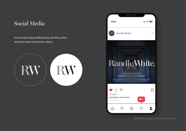 Randle White brand guidelines 'Social Media' page, showing two circular 'RW' profile picture options in beige-on-grey and grey-on-white, alongside a mobile mockup of an Instagram-style post for 'Randle White'.