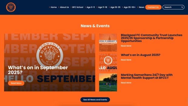 Screenshot of the Blackpool FC Community Trust website 'News & Events' section, featuring articles: 'Blackpool FC Community Trust Launches 2025/26 Sponsorship & Partnership Opportunities', 'What's on in August 2025?', and 'Marking Samaritans 24/7 Day with Mental Health Support at BFCCT', with a featured 'What's on in September 2025?' banner.