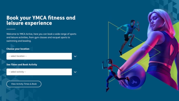 YMCA Active booking page banner showing a collage of people exercising (running, holding a medicine ball) alongside the heading 'Book your YMCA fitness and leisure experience.