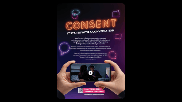 Neon sign reading 'Consent' with the tagline 'It starts with a conversation' in white text below, on a black background.