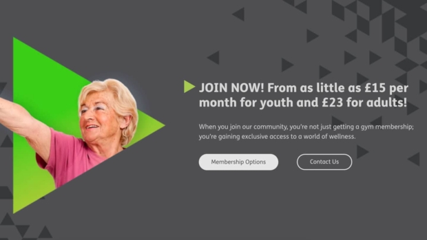 Older woman smiling and stretching her arm, over a green triangle graphic, with heading 'Join Now! From as little as £15 per month for youth and £23 for adults!' and text about YMCA Fylde Coast membership benefits, alongside 'Membership Options' and 'Contact Us' buttons.