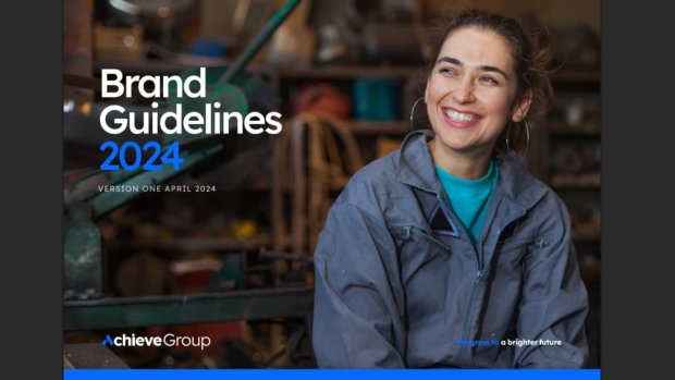 Achieve Group Brand Guidelines 2024 cover page, featuring a smiling woman in workshop overalls with the tagline 'Progress to a brighter future'.