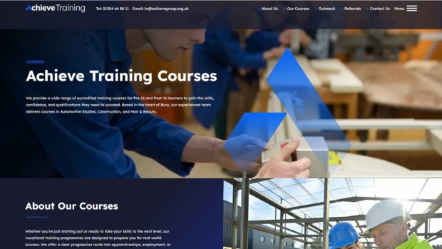 Achieve Training Courses page banner showing a young person working on a construction project.