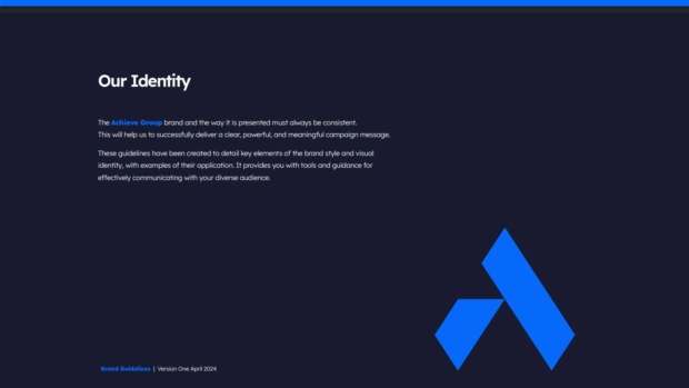 Our Identity' page from Achieve Group Brand Guidelines 2024, explaining the brand's consistency and visual identity, with the Achieve Group logo mark shown in blue.