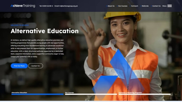 Achieve Training website homepage banner showing a smiling young woman in a hard hat and orange safety vest, promoting alternative education and vocational training programmes.