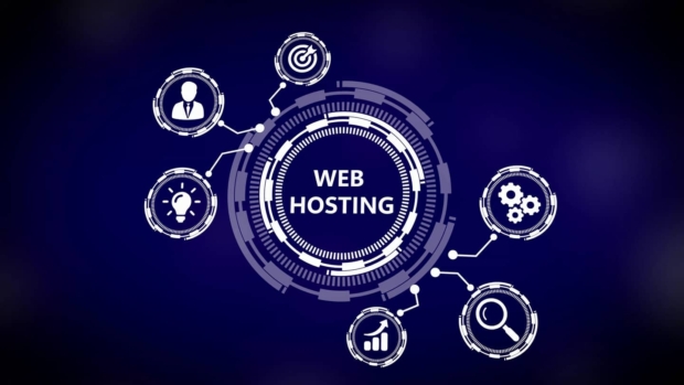 Web hosting concept graphic with a central circular icon connected to smaller icons representing target audience, ideas, settings, search, and growth analytics.