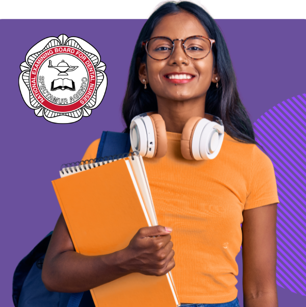 Smiling female dental nursing student wearing glasses and headphones, holding notebooks, with the National Examining Board for Dental Nurses (NEBDN) logo.