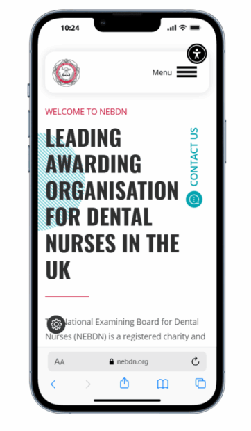 Screenshot of the NEBDN website on a mobile phone, showing the homepage with heading 'Leading Awarding Organisation for Dental Nurses in the UK', a menu icon, accessibility button, and 'Contact Us' tab.