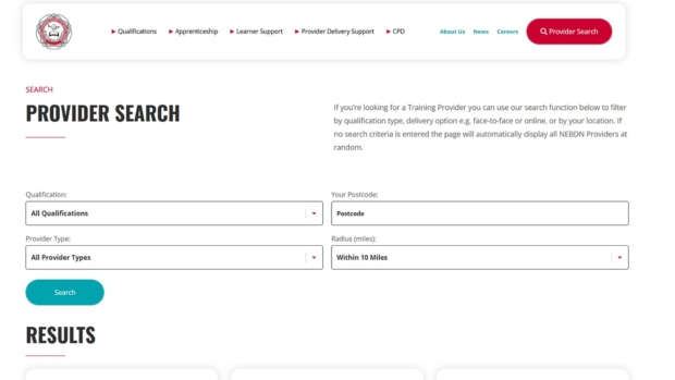 Screenshot of the NEBDN Provider Search page, with filters for Qualification, Provider Type, Postcode, and Radius, a Search button, and a Results section below.
