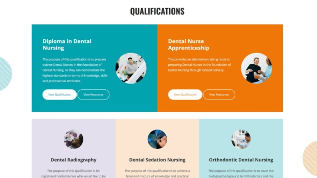 Screenshot of the NEBDN Qualifications page, listing 'Diploma in Dental Nursing' and 'Dental Nurse Apprenticeship' with 'View Qualification' and 'View Resources' buttons, plus additional qualifications including Dental Radiography, Dental Sedation Nursing, and Orthodontic Dental Nursing.